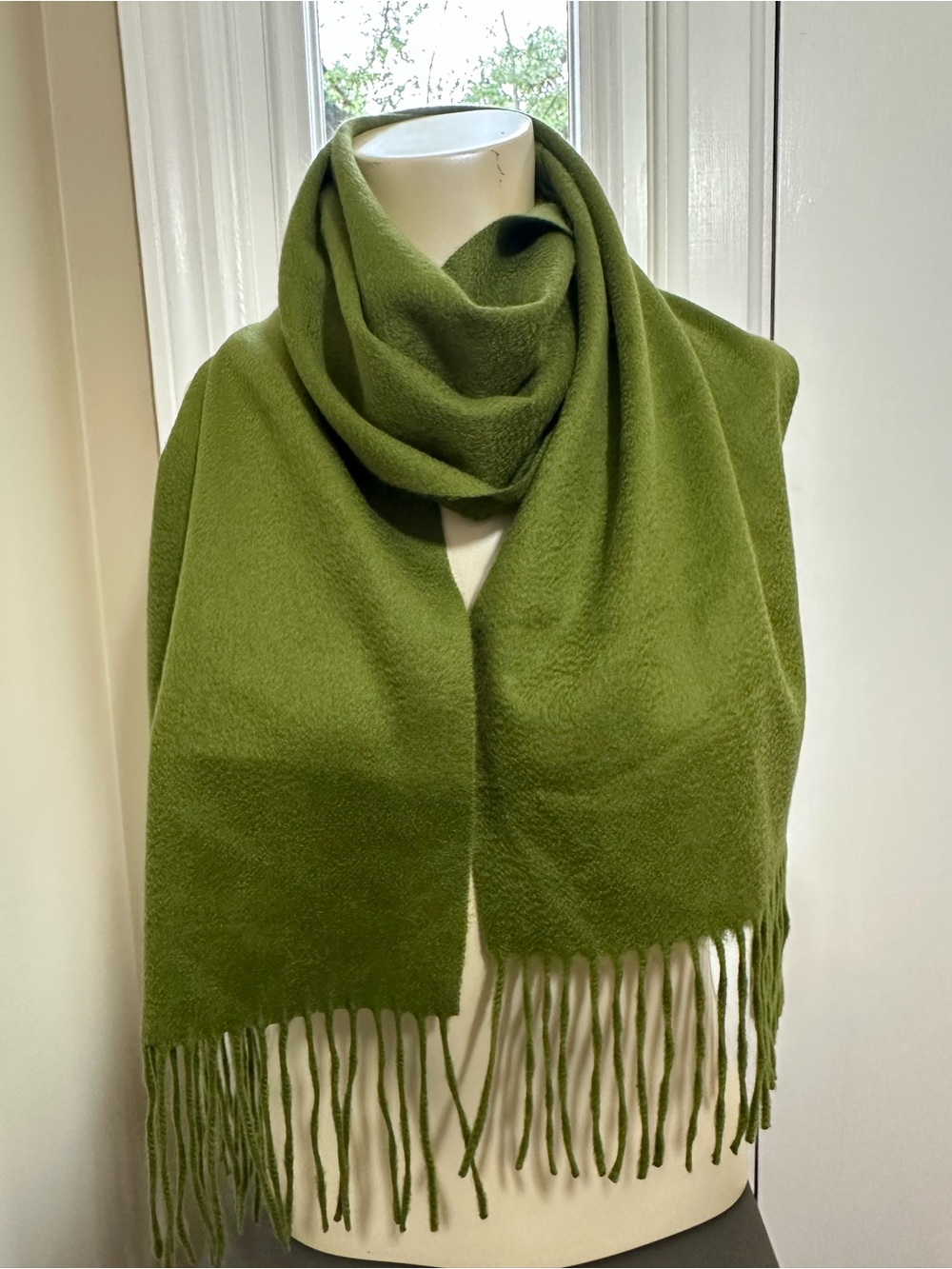 Nordstrom 100% Cashmere Olive Green Fringe Scarf Luxury Wrap